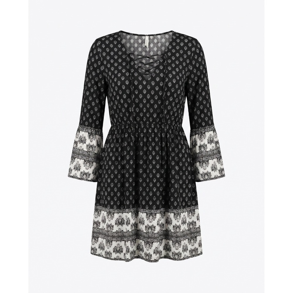 Mudd Romper Womens Size M Black White Boho Bell Sleeve Lace Up V-Neck Y2K